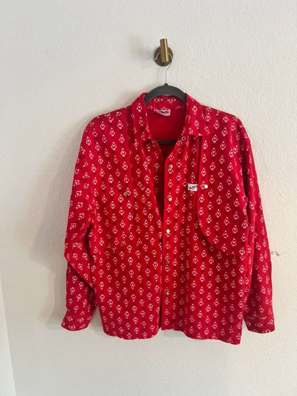Vintage 80s Guess by Georges Marciano Men's Red Ikat Geometric Button Down Shirt